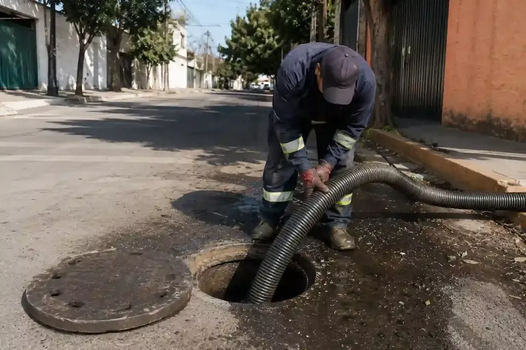 Técnico de Plomeros y Desazolve realizando desazolve de alcantarillado con manguera de succión en Azcapotzalco