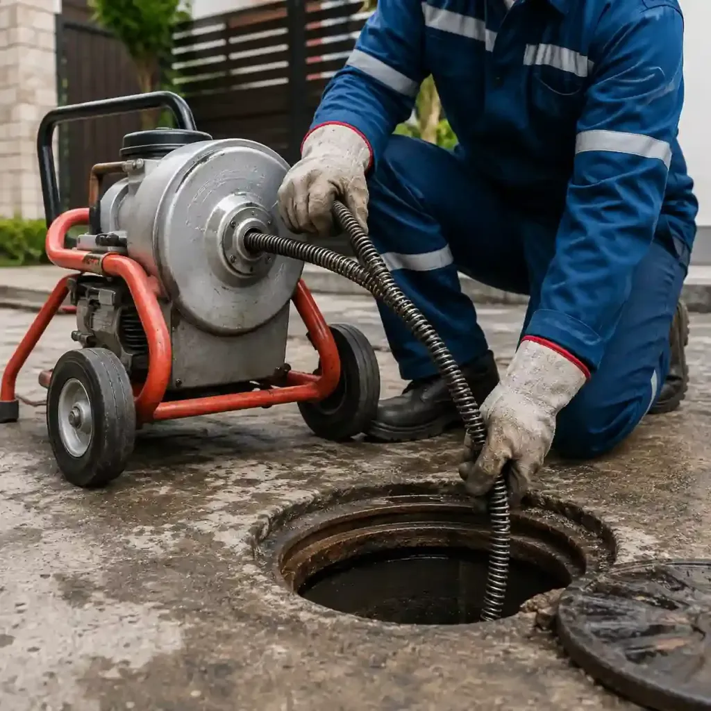 Técnico de Plomeros y Desazolve operando sonda eléctrica para el desazolve de coladera de piso en Azcapotzalco
