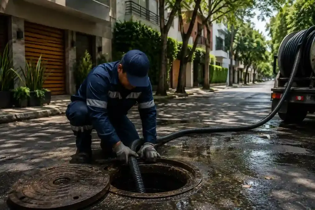 Técnico de Plomeros y Desazolve realizando desazolve de alcantarillado con manguera de succión en Benito Juarez